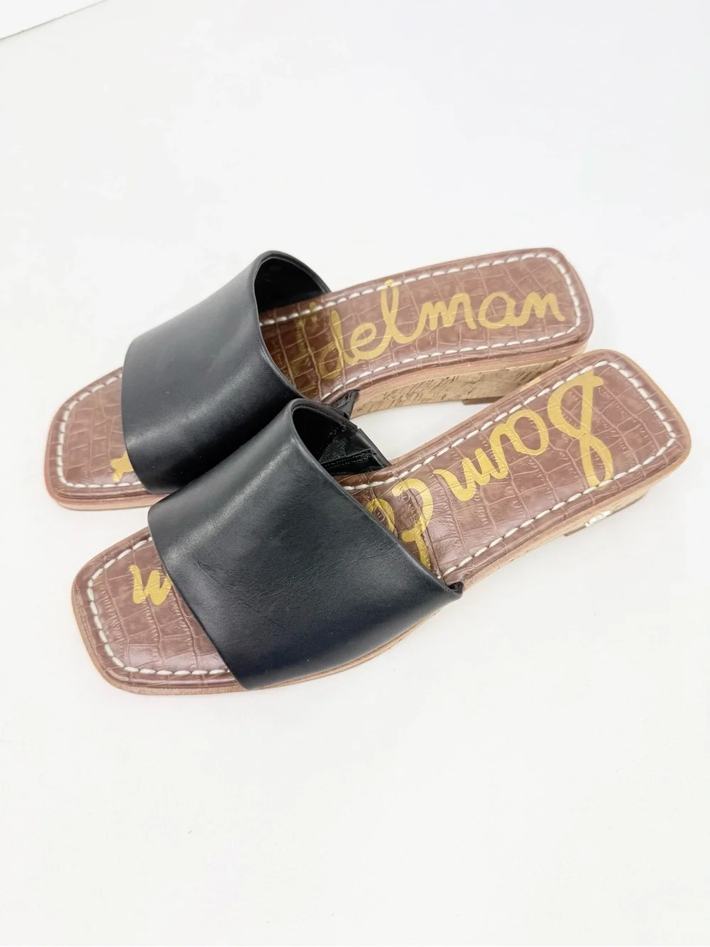 Sam Edelman VALERY Black Leather Padded Footbed Cork Wedge Slide Sandals